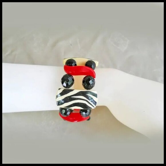 Retro Zebra Bangle Wide Bracelet Recycled Vintage One of a Kind Summer Jewelry - Picture 6 of 9